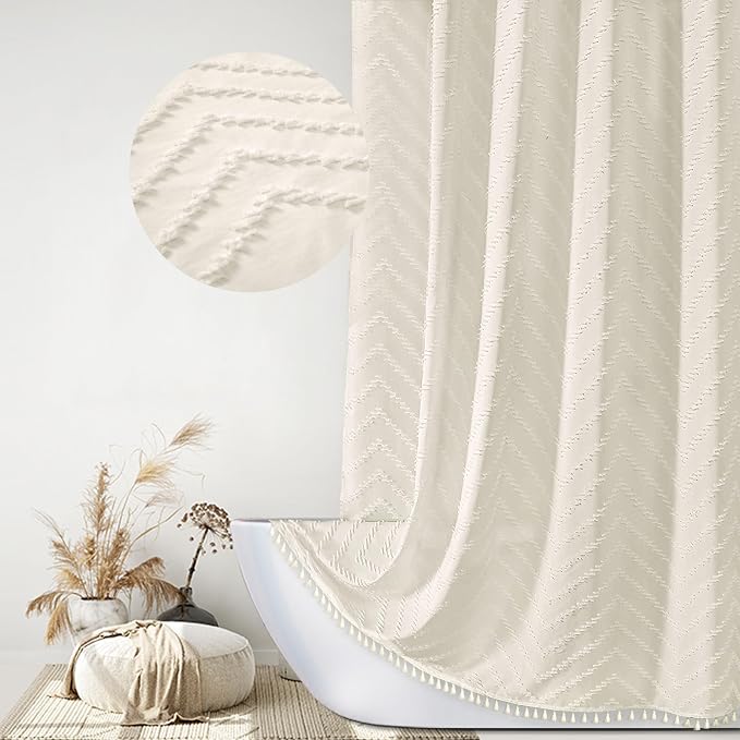 Siiluminisoy Farmhouse Boho Shower Curtain, Woven Fabric Cream Long, 72 x 78, Tufted Chevron Striped Modern Chic Textured Minimalist Bathroom Curtain