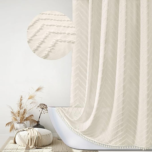 Siiluminisoy Extra Long Cream Shower Curtain with Tassel, Woven Fabric 90 in, Tufted Chevron Striped, 72 x 90, Modern Chic Textured Minimalist Bathroom
