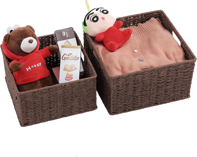 HOONEX Storage Baskets for Organizing, Decorative Round Paper Rope Woven Baskets for Storage with Carrying Handles, Set of 2, Dark Brown