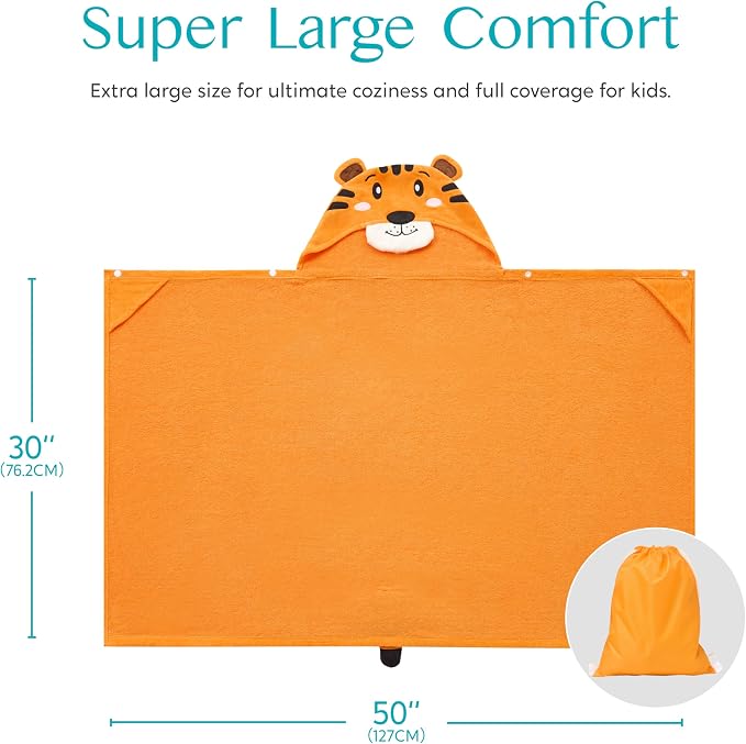 Joiedomi Hooded Towel for Kids Soft 100% Cotton Bath Beach Towel 30" x 50" for Kids 3-8 Years Toddler Pool Poncho with Hood Absorbent Swim Wrap for Boys Girls Yellow Tiger