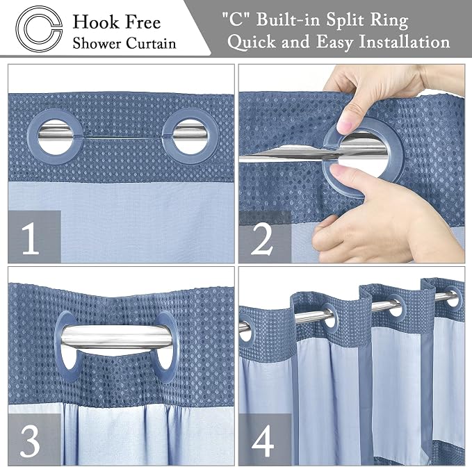 No Hook Cloth Moonlight Blue Shower Curtain with Liner, 72x86 | Snap-in Fabric Liner, Hotel Style with Mesh Top Window, Waterproof Coating, Machine Washable, Rustproof Grommets