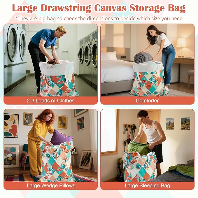 Canvas Laundry Bag with Handles & Drawstring 30"Wx35"H, L+ Pink Flamingo | Thick Canvas Storage Bag, Large Heavy Duty Washable Dirty Clothes Travel Sack, for Camp, College Dorm, Laundromat, 1 Pack