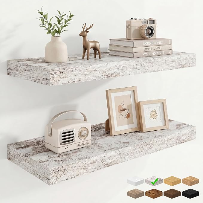 9.25in Depth 24in Floating Shelves, 24x9.25x1.4, Vintage White, Set of 2 | Wall Mounted Engineered Wood Shelves, Invisible Brackets for Living Room, Bedroom, Bathroom, Kitchen Decor and Storage