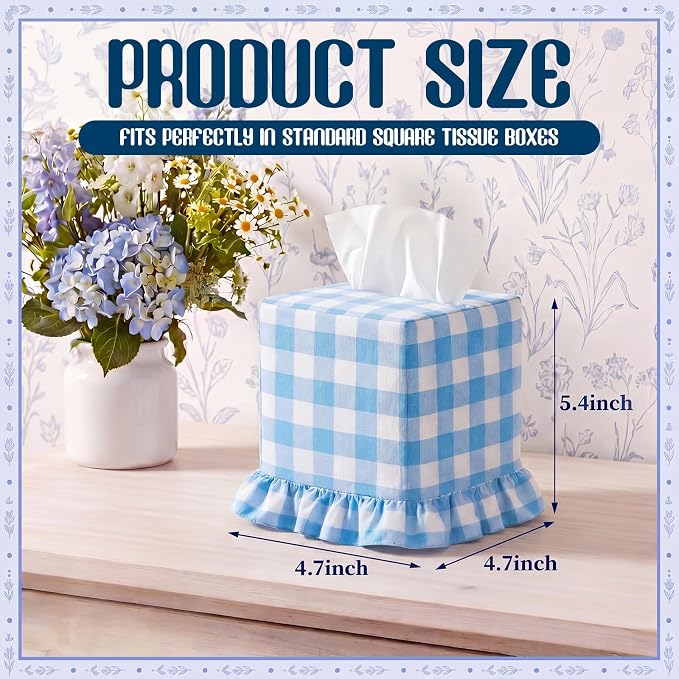 Blue Gingham Tissue Box with Ruffled Cover Cottagecore Handmade Decorative Gingham Napkin Holder for Home Bedroom Living Room Bathroom Vanity Countertop Car Office Kitchen