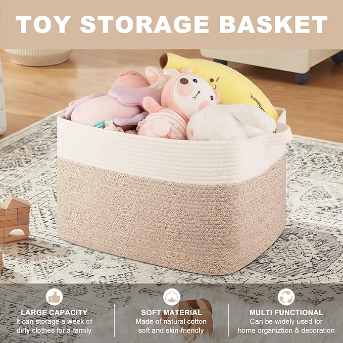 OIASKET Blanket Basket for Living Room, Cotton Rope Basket for Storage, Toy Baskets Bin for kids, Woven Baskets with Handles for Clothes, Towels, Pillows, 20" x 16" x 12", Brown and White