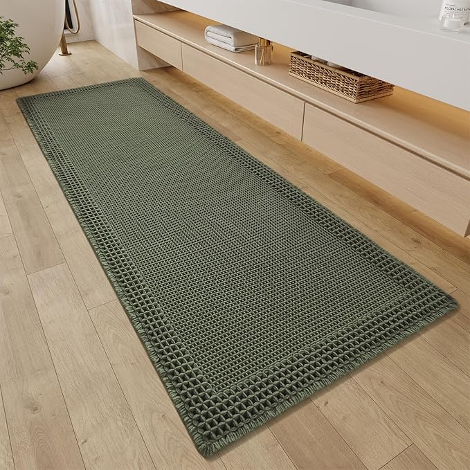 RESARE Waffle Bathroom Runner Rugs, Non Slip Boho Bath Mat 24"x72" Green | Long Absorbent Bathroom Floor Mats Machine Washable Quick Dry, Soft Solid 2'x6' Bath Rugs with Tassels, Ideal Farmhouse Decor