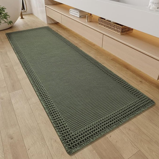RESARE Waffle Bathroom Runner Rugs, Non Slip Boho Bath Mat 24"x60" Green | Long Absorbent Bathroom Floor Mats Machine Washable Quick Dry, Soft Solid 2'x5' Bath Rugs with Tassels, Ideal Farmhouse Decor