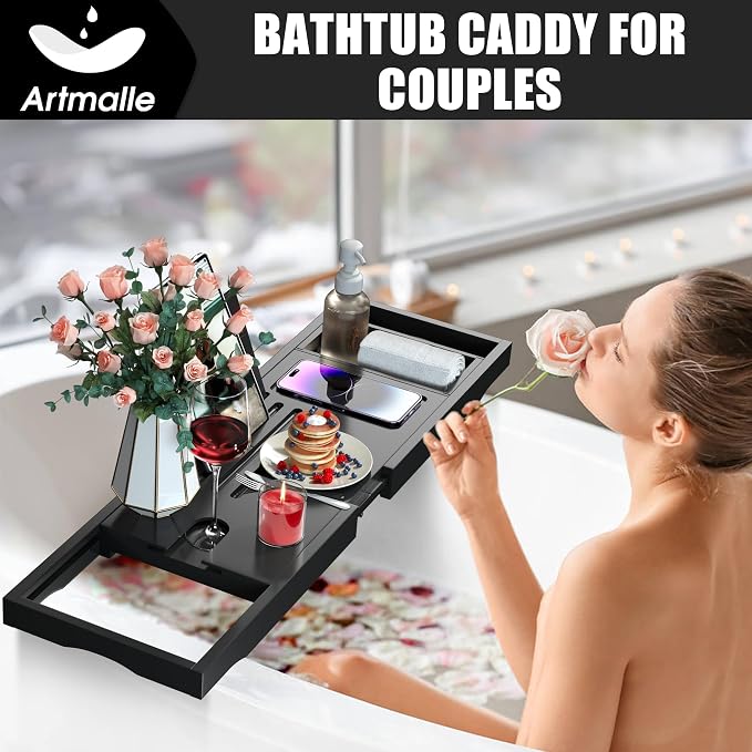 Artmalle Foldable Bamboo Bathtub Caddy Tray for Tub, Black | FSC 100% Bathtub Tray Table with Book Holder for Home Spa Relax, Bathroom Accessories for Women Men with Free Soap Dish