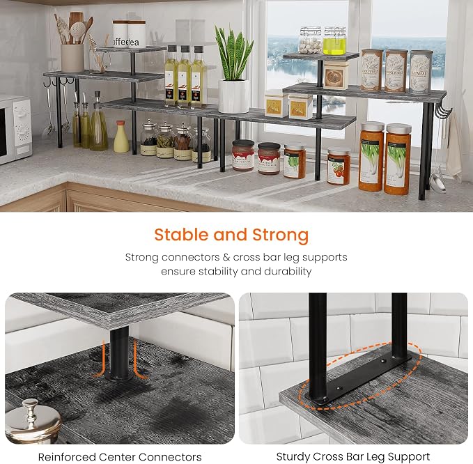 Kitchen Countertop Organizer, 3 Tier Corner Shelf Bathroom Counter Organizer, Wooden Counter Shelf Stand Space Saver, Easy Assembly, Rustic Grey