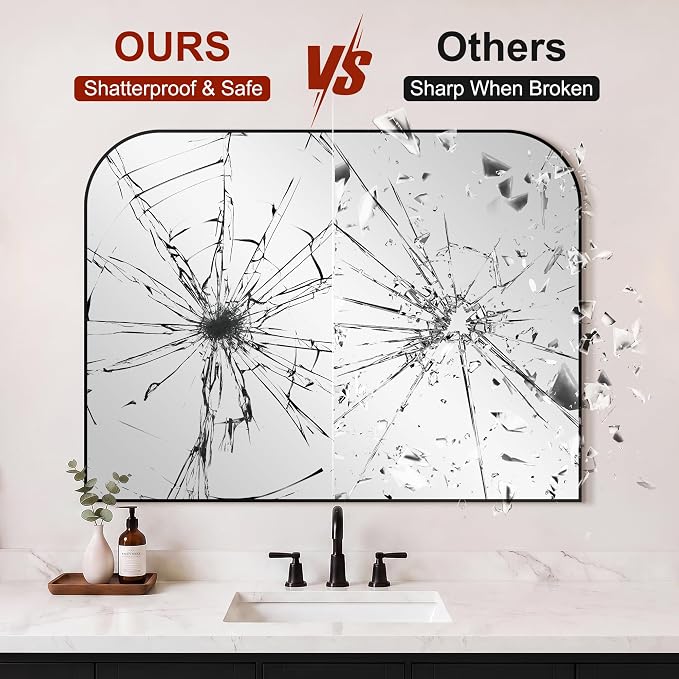 Bathroom Black Vanity Mirror for Over Sink, 30" x 40" | Metal Framed Rounded Corner, Shatterproof Glass, for Bedroom, Living room, Entryway