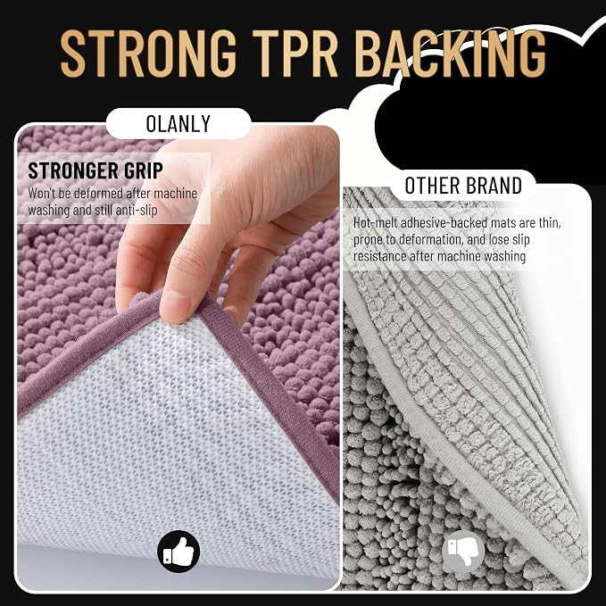 OLANLY Thick Bathroom Runner Rugs 70x24, Soft Chenille Bath Rugs, Deep Plum | Absorbent Striped, Rubber Backing, Machine Wash, Long Bath Mats for Bathroom Floor, Tub and Shower, Home Decor Accessories