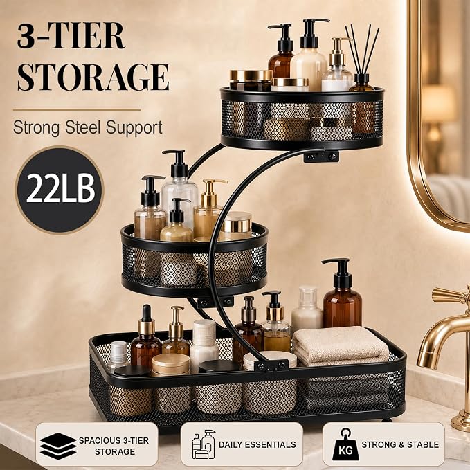 3 Tier Bathroom Counter Organizer-Metal Makeup Organizer for Vanity | Perfume & Cologne Organizer, Metal Wire Mesh Design, Heavy Duty Shelf with Large Storage Capacity, Black