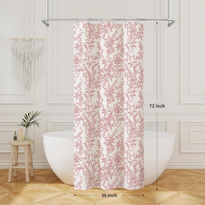 Pink Boho Linen Shower Curtain, Farmhouse Floral for Bathroom | Botanical floral print. Rustic farmhouse boho decor. Durable linen blend fabric. Machine washable for easy care. 36x72