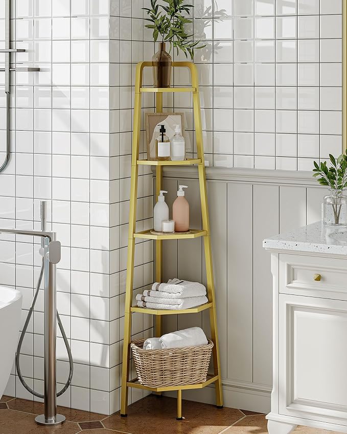 5-Tier Corner Shelf, 59.6” Corner Storage Stand, Floorstanding Dispaly Rack, Tempered Glass Corner Bookshelf, Open Plant Stand, for Living Room, Bedroom, Study, Bathroom, Gold TCJ21GJ