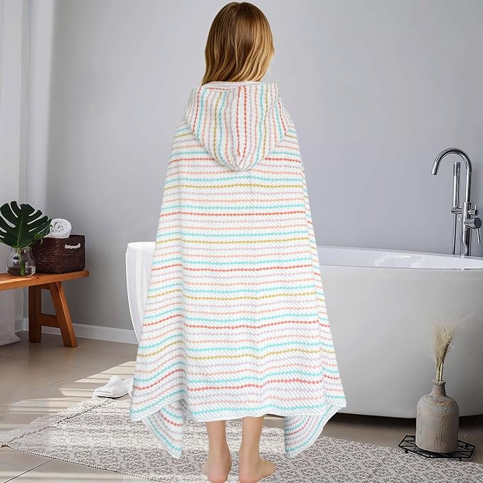 VOOVA & MOVAS Big Kids Hooded Towel Wrap, 8+, 100% Cotton,White Multi Color | Multi-Color Stripe Design, Soft, Absorbent & Fast Drying, Great for Beach Vacations