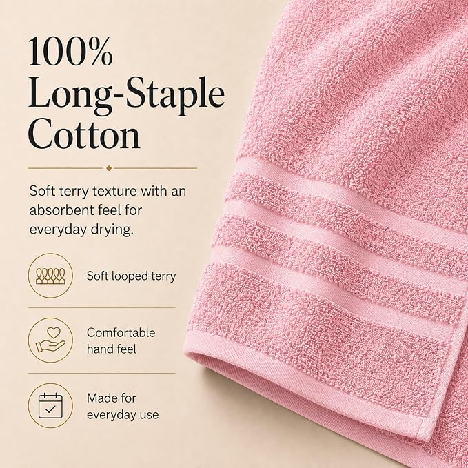 Velqora Bath Towels 4 Pack, 30x60 in, 100% Cotton, Soft, Multicolor | Pink, White, Light Gray & Sage Green Mix | Absorbent Terry | Balanced Weight | Easy Care