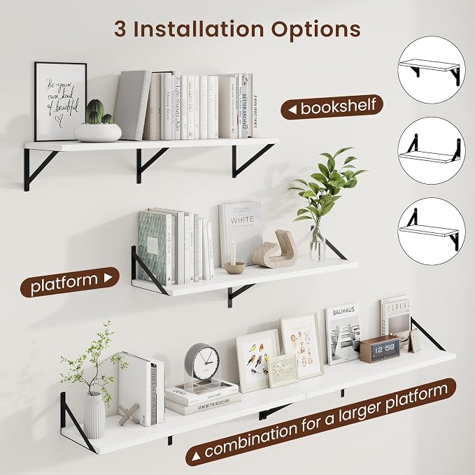 Deep Floating Shelves, 36'' x 10'' White Wall Shelves Set of 2 | 10 Inch Deep Shelves with Heavy Duty Brackets, Rustic Wood Shelves for Bathroom Living Room, Engineered Wood, 45LBS