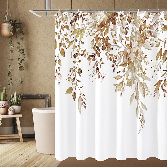 Brown Eucalyptus Shower Curtain, Watercolor Floral Print, 72x78 | Watercolor Plant Leaves Floral Print, Long Waterproof Fabric Bathroom Decor, Machine Washable, Rustproof Grommets