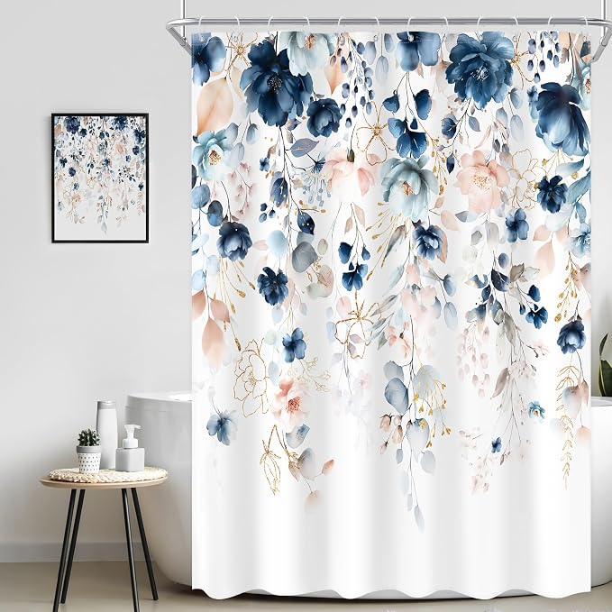 Small Stall Flower Blue Pink Spring Bathroom Shower Curtain Set | 54"W x 78"L Floral Wilfflower design with waterproof HD artwork, quick-dry fabric and hooks for easy hanging.