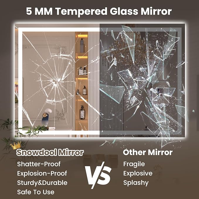 Snowdool 40 x 36 in LED Bathroom Mirror, Front and Backlit, Anti-Fog | Front and Backlit, 3 Color Temperatures, Anti-Fog, Tempered Glass