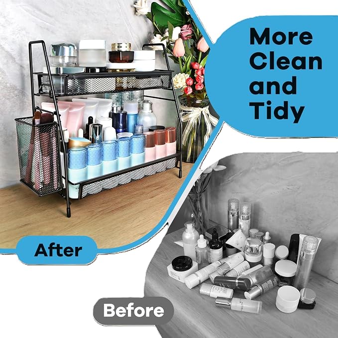Bathroom Organizer Countertop, Spice Rack Organizer for Cabinet,Black | 2-Tier Bathroom Counter Organizer,Vanity Organizer Corner Shelf with Small Basket for Sink,Kitchen,Bedroom,Living room,Office