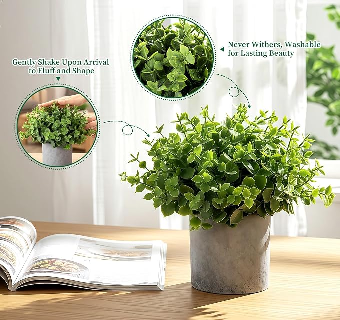 Fake Plants,5 PCS Small Artificial Greenery Eucalyptus Plant Indoor in Pots | Lemonfilter Plastic faux Plants Indoor with Pulp Pot, Small Plant Decor for Table Shelve Bathroom Kitchen Rustic Farmhouse