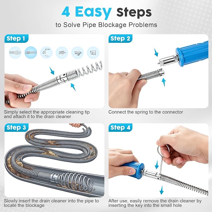 ACOCO 16.4FT Drain Snake, Drain Auger with Drill Attachment, 6 Cutter Heads | 14-in-1 Heavy-Duty Plumbing Snake Drain Clog Remover with 2 Hair Catchers & 2 Brushes for Kitchen Sink, Bathtub and Shower