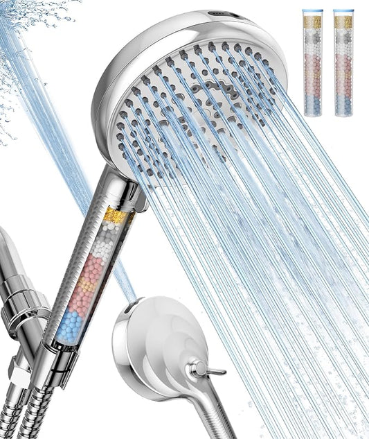 Filtered Shower Head with Handheld, 10 Spray Mode High Pressure Shower Head with Filters, Shower Filter Head for Hard Water, Powerful Spray for Cleaning, 2 Replaceable Filters Included, Chrome