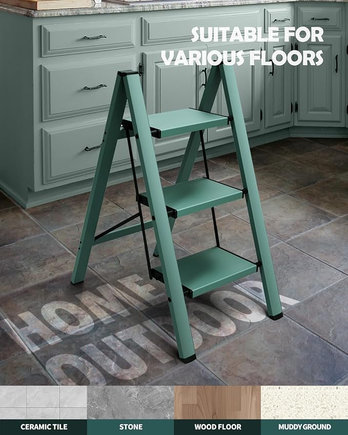 Taranta 3 Step Stool Foldable,Aluminum Step Ladder-Green | Lightweight,Wide Anti-Slip Pedals,Folding Step Stool,330lbs Capacity Stepladder for Household,Kitchen,Office