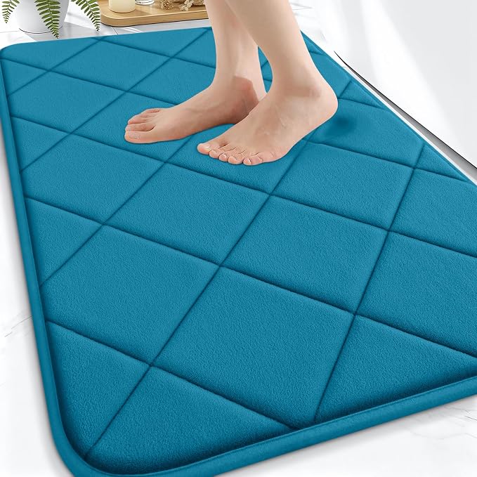 OLANLY Memory Foam Bath Mat 30x20, Ultra Soft and Absorbent Bathroom Rugs | Peacock Blue, Quick Dry, Machine Washable Shower Bath Rugs, Comfortable Bath Carpet for Bathroom Floor, Tub and Shower