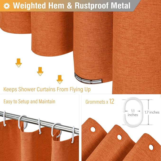 Long Linen Textured Waterproof Shower Curtain Set, 72x84, Burnt Orange | Tall Size, 230GSM Polyester, Heavy Duty Cloth, Weighted Hem, 12 Plastic Hooks, Modern Luxury Hotel Style, Machine Washable