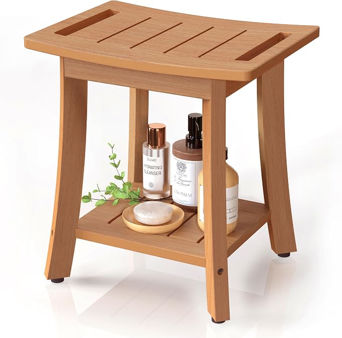 Waterproof HIPS Shower Bench for Inside Shower, Shower Stool, Brown | Ergonomic design, For seating and leg shaving, Wood-Look texture, Easy care, Storage shelf, Non-slip leveling feet, 350 lb