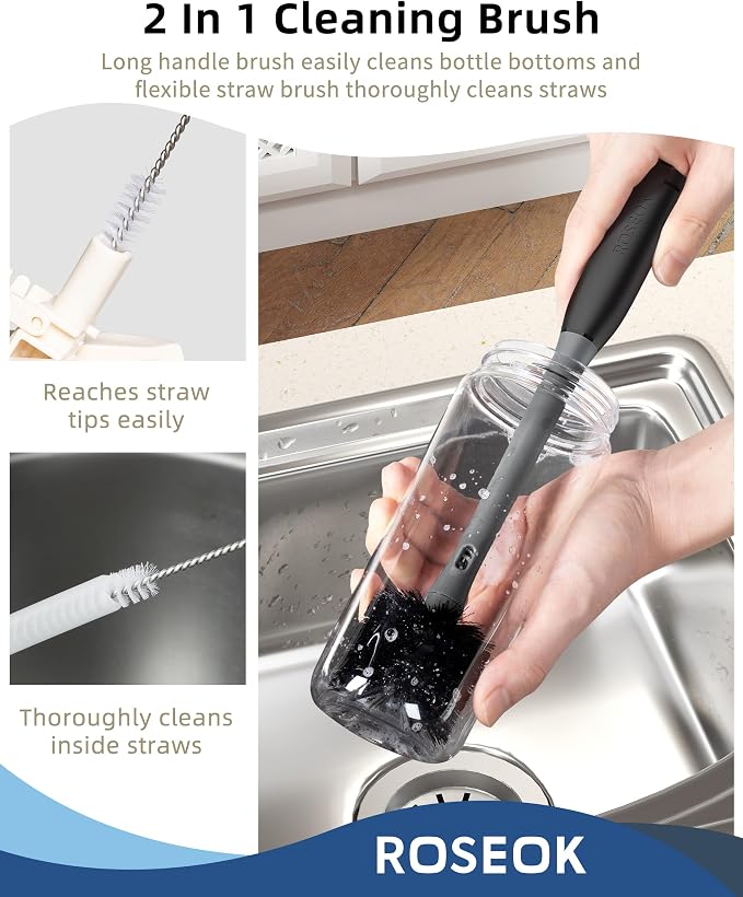 ROSEOK 2 in 1 Bottle Brush with Straw Cleaner Brush, Water Bottle Brush | For Cleaning Glass, Sports Bottle, Coffee Mug, Cup Cleaner, Black, 1 Pack