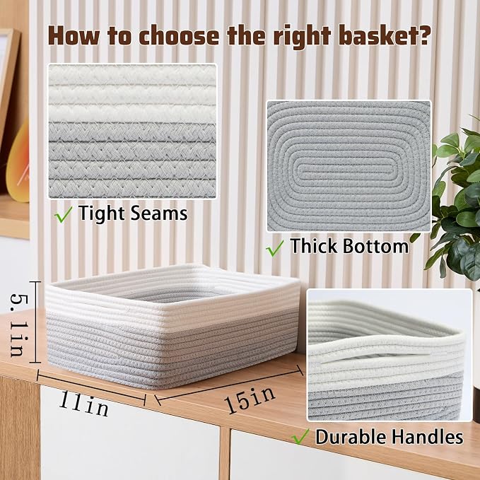 MiniArk Large Shallow Organizing Baskets 15x11x5.1 Inches - Rope Woven Storage Bins for Bathroom, Shelves, Cube Closet, Gradient Grey 2 Packs
