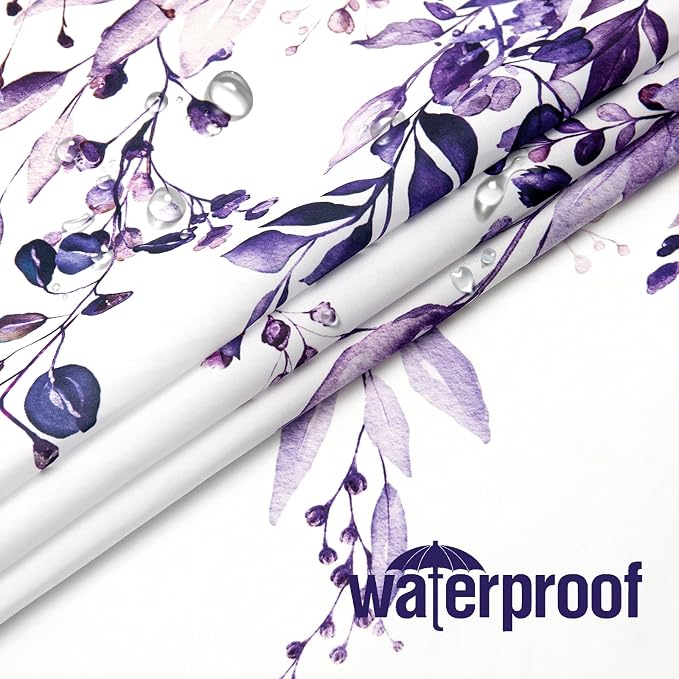 Purple Eucalyptus Shower Curtain, Watercolor Floral Print, 72x84 | Watercolor Plant Leaves Floral Print, Waterproof Fabric Bathroom Decor, Machine Washable, Rustproof Grommets