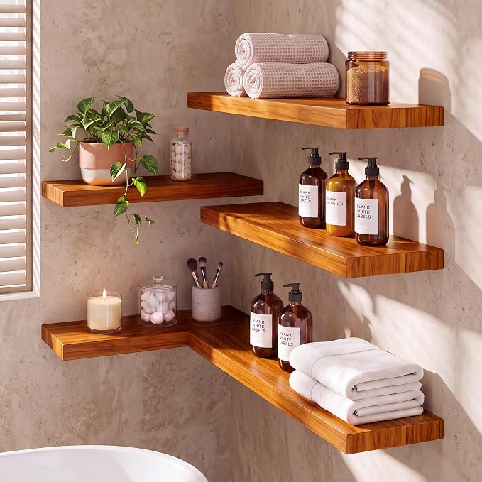 24 Inch Teak Floating Wall Shelves Set of 2 | Weather Resistant, Heavy Duty Hidden Brackets, Natural Wood Grain, Wall Storage For Bathroom, Kitchen, Living Room & Outdoor