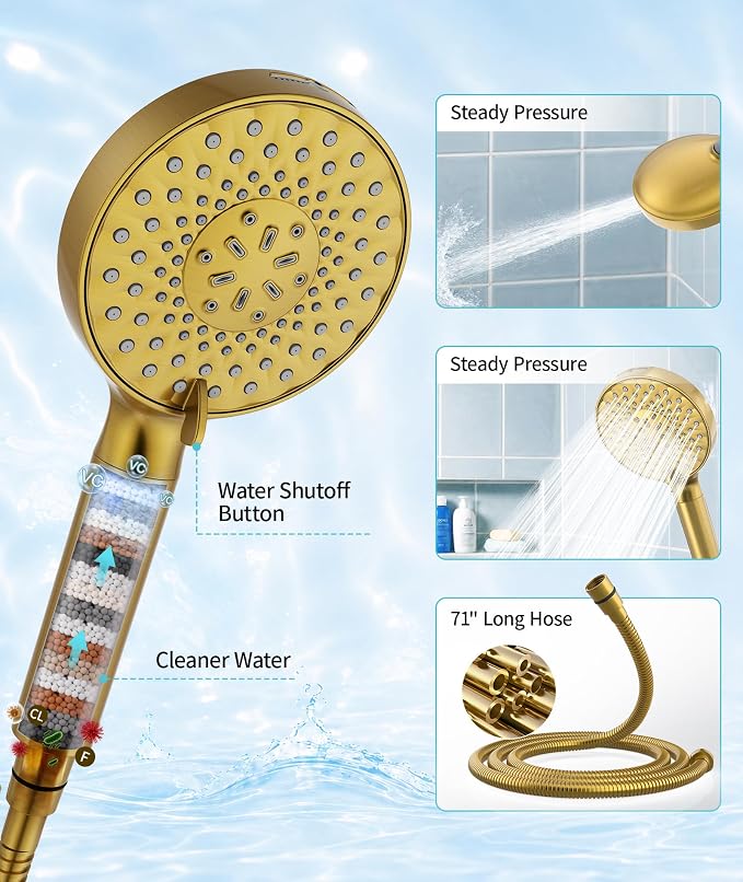 SR SUN RISE Filtered Shower Head with Handheld High Pressure 9 Spray Mode Showerhead Detachable Shower Head Water Softener Filters Beads for Hard Water Remove Chlorine 4 Filters Brushed Gold