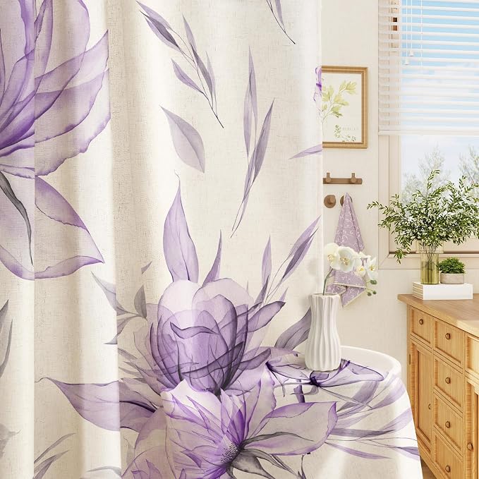 Litabel Farmhouse Purple Floral Linen Shower Curtain, Boho Vintage Spring Cotton Shower Curtains for Chic Elegant Bathroom Decor, Ink Painting Style Blossom Fabric Bath Curtain, 72 x 72