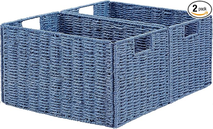 Wicker Storage Basket, Set of 2 Hand-Woven Paper Rope Wicker Basket, Small Storage Baskets for Organizing Toilet Paper Basket, Foldable Large Cube Storage Organizer Bins for Shelves (Blue)