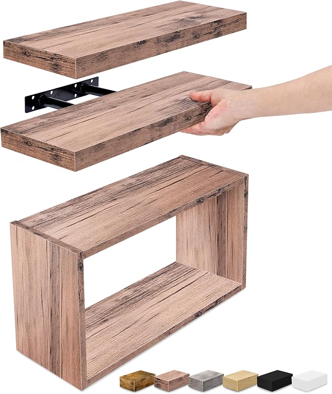 Sorbus Floating Shelves for Wall Set of 3 - Bathroom Shelves for Wall Storage, Over Toilet, Bedroom, Farmhouse, Decor - 2 Floating Shelves with Invisible Brackets & 1 Rectangular Box, Mahogany