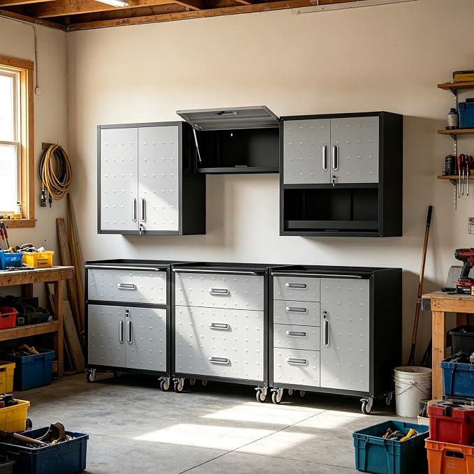 Garage Storage Cabinet System,Wall Cabinet & Locking Rolling Tool Cabinet with Doors and Adjustable Shelves