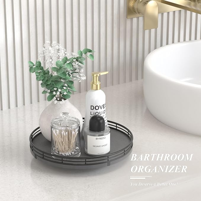 AMH10-Inch Natural Slate Lazy Susan with Black Raised Iron Rim | Smooth rotating oak tray with walnut finish for dining tables, kitchen counters, pantries and cabinet storage.