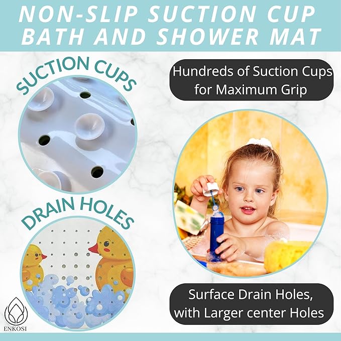 ENKOSI Non-Slip Bath & Shower Mat 40x16 Extra Long, Suction & Drain Holes | Fun rubber duck print for kids; Durable PVC; 40x16 in, Duck