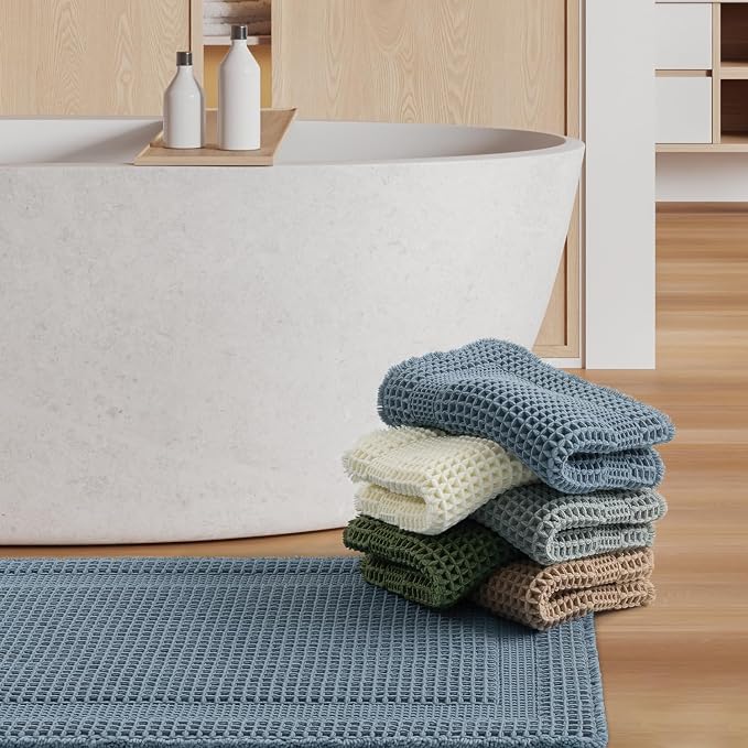 AMOAMI Waffle Bath-Mat, Absorbent Bath Mats for Bathroom Non Slip, Machine Washable Bathroom Rugs with Tassels Ultra Soft Boho Bath Rugs for Floor 18''x30'' Blue