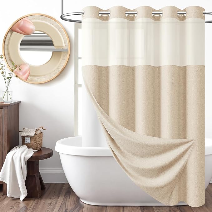 Cream Ringless Linen Textured Shower Curtain with Snap in Liner, 72x75 | 3 in 1 Hotel Shower Curtain Set, Removable Liner, Waterproof & Washable, Mesh Top Window, Durable Fabric, Easy to Install