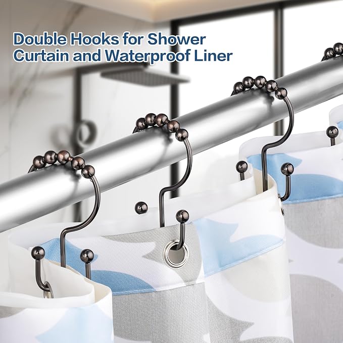 DAWNER Shower Curtain Hooks Rings, Rust Proof Hooks, Metal Easy Glide Double Shower Rings Hooks, Stainless Steel Shower Curtain Hangers for Bathroom Shower Curtains, Set of 12 Hooks, Brushed Bronze