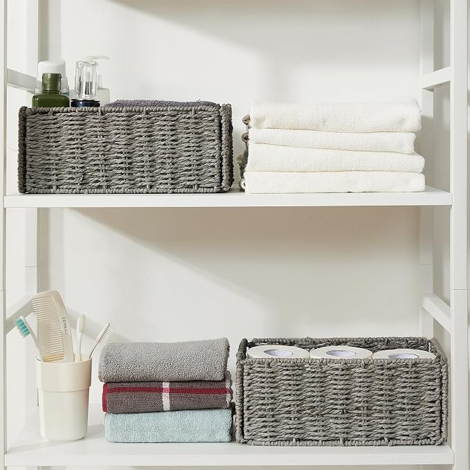 Wicker Storage Basket, Set of 2 Hand-Woven Paper Rope Wicker Basket, Small Storage Baskets for Organizing Toilet Paper, Foldable Large Cube Storage Organizer Bins for Shelves (Grey)