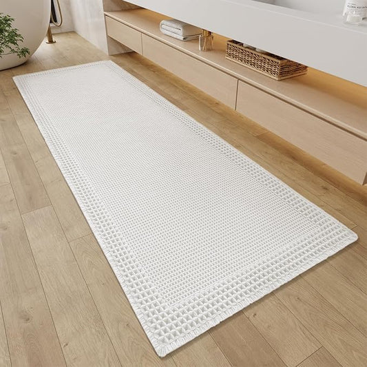 RESARE Waffle Bathroom Runner Rugs, Non Slip Boho Bath Mat 24"x72" White | Long Absorbent Bathroom Floor Mats Machine Washable Quick Dry, Soft Solid 2'x6' Bath Rugs with Tassels, Ideal Farmhouse Decor