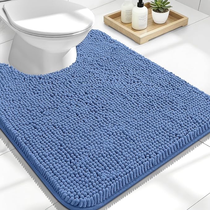 OLANLY Toilet Rugs U-Shaped 24x20, Soft Absorbent Chenille Contour Rugs | Cornflower Blue, Quick-Drying Rubber Backing, Washable Non-Slip Shaggy Bathroom Mat for Toilet, Home Decor Accessories