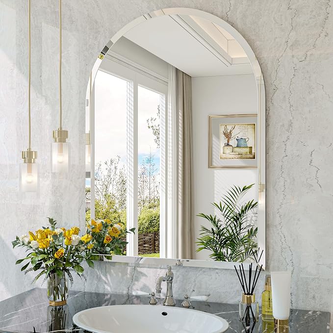 Frameless Bathroom Mirror, 24"x32" Beveled Arched Vanity Mirrors | Frameless, 15mm beveled edge, 5mm HD glass, shatterproof, anti-rust, french cleat, for bathroom/bedroom/entryway